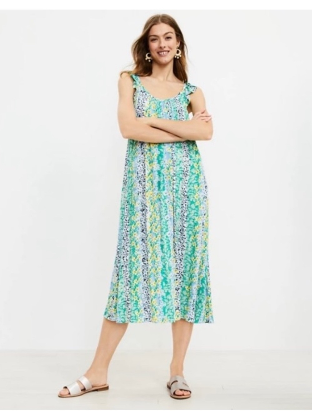 LOFT Aqua Green Floral Stripe Ruffle Strap Midi Dress